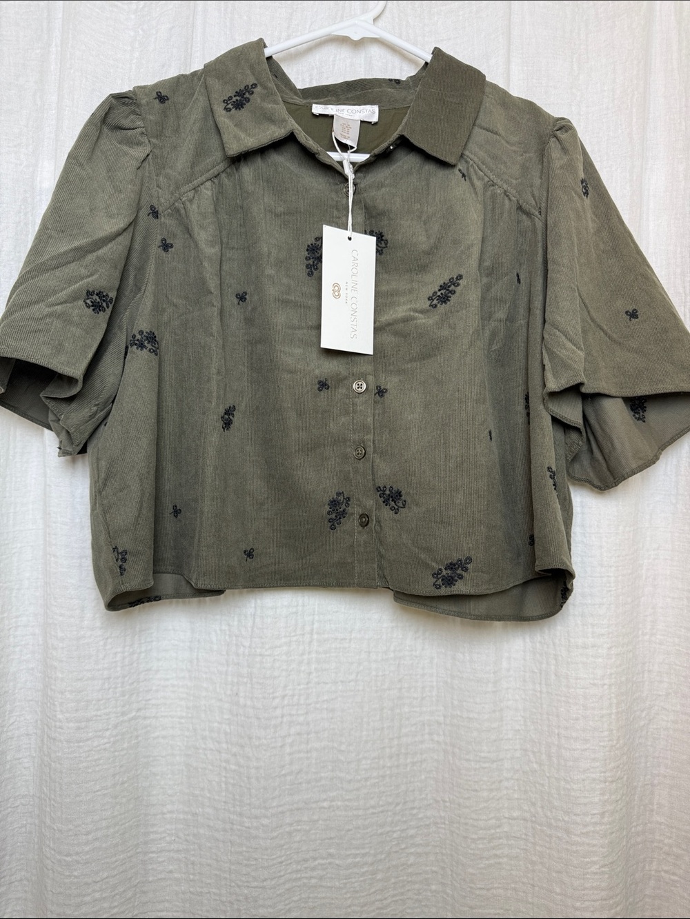 NWT Caroline Constas Olive Corduroy Embroidered Crop Shirt